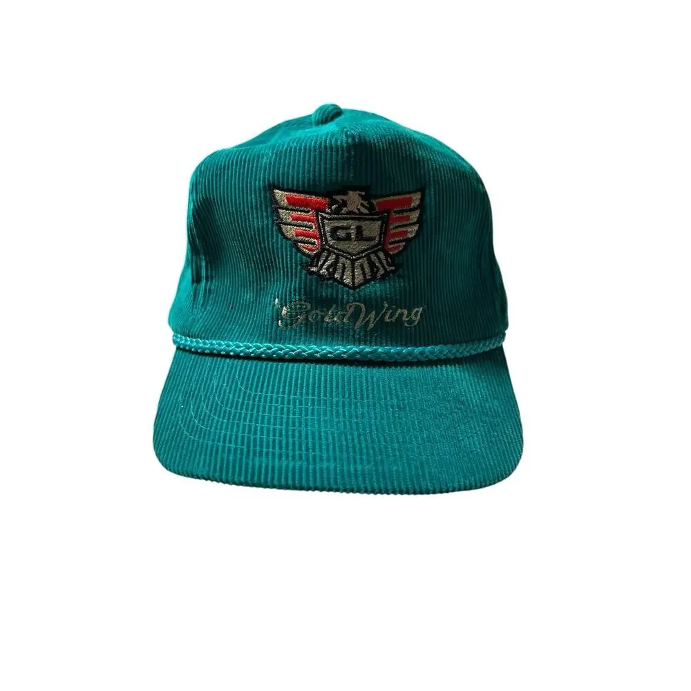 Vintage Corduroy Trucker Hat Cap Strapback Amapro 80s Teal Blue Goldwing Eagle